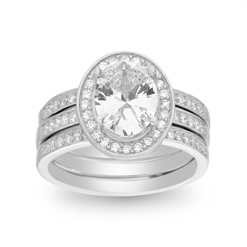 Sterling Silver Round CZ Halo Trio Stackable Ring Set