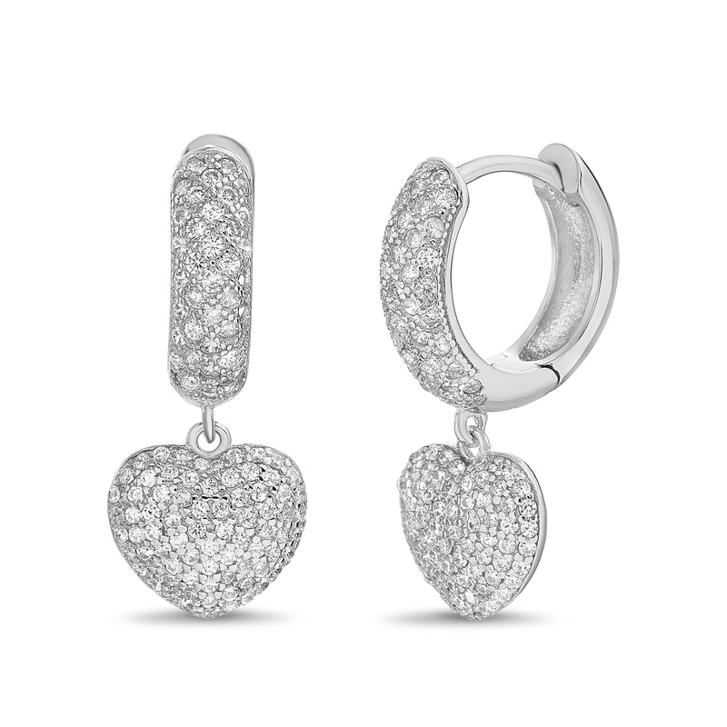 Sterling Silver CZ Pave Puff Heart Dangle
Huggie Earring
