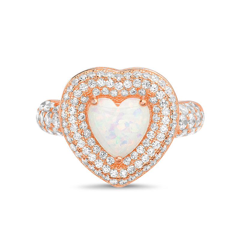 Rose Opal Heart with CZ Halo and CZ Band Design Ring