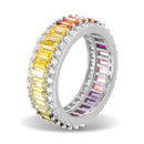 Silver Multi Colored Rainbow CZ Emerald Cut with CZ Round Border Ring