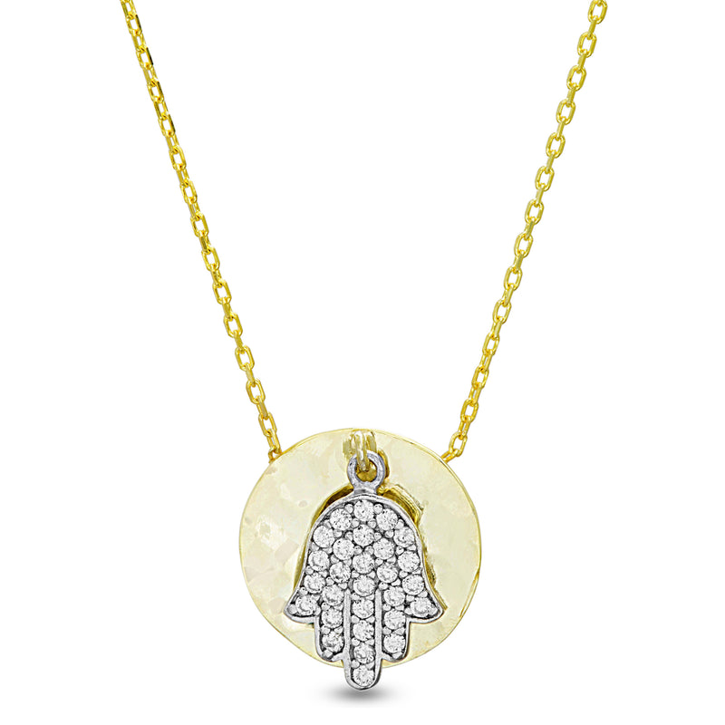 2-Tone CZ Hamsa with Hammered Design Disc
Station Necklace