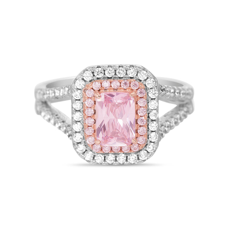 Two Tone Multi Colored CZ with Double Halo CZ Border Design Band Ring