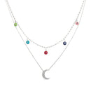 CZ Crescent with Multi-Colored Enamel Evil Eye Stations Double Layered Necklace