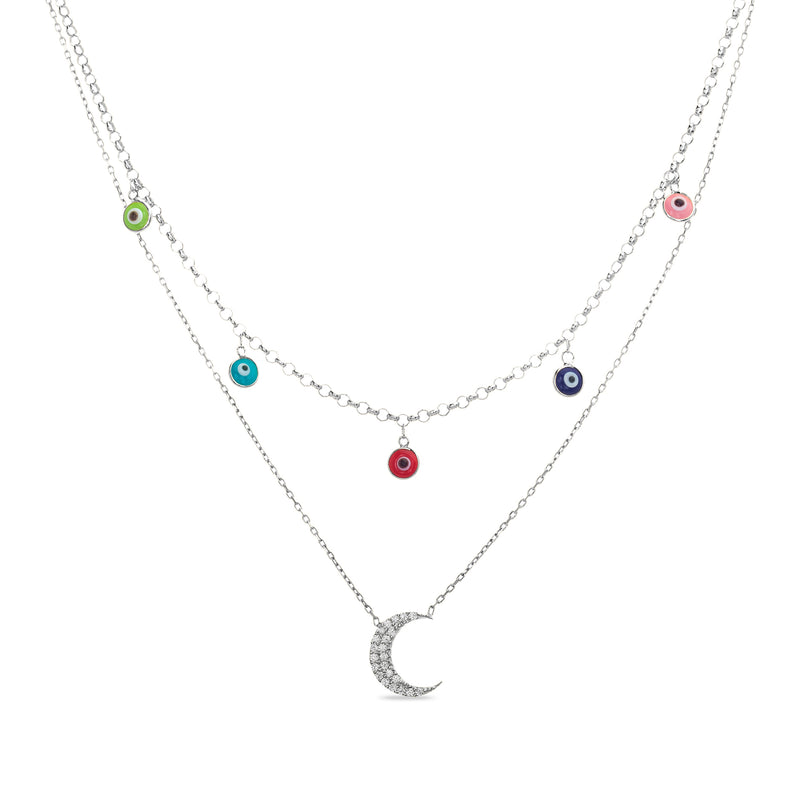 CZ Crescent with Multi-Colored Enamel Evil Eye Stations Double Layered Necklace