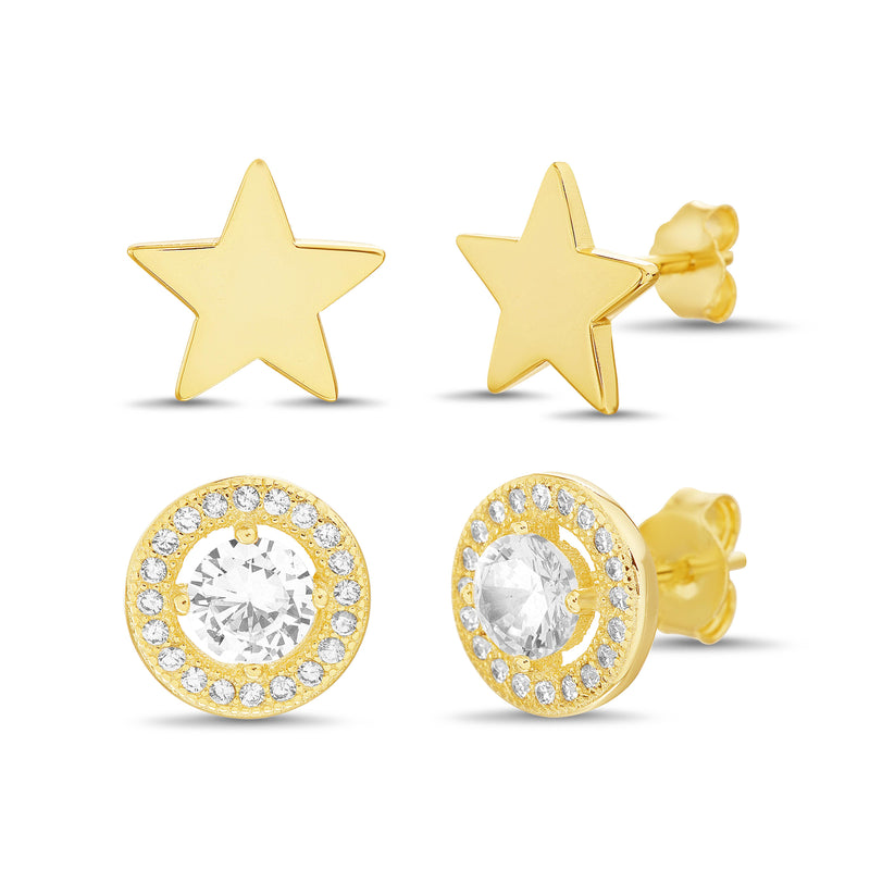 Silver CZ Round Halo Post Earring and Star Post
Earring Duo Set