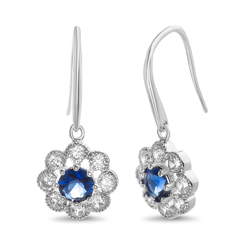 Sterling Silver Sapphire Center with CZ Border
Flower Design Dangle Earring