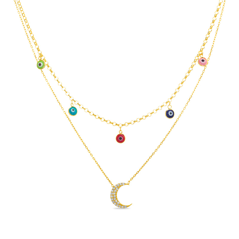 CZ Crescent with Multi-Colored Enamel Evil Eye Stations Double Layered Necklace