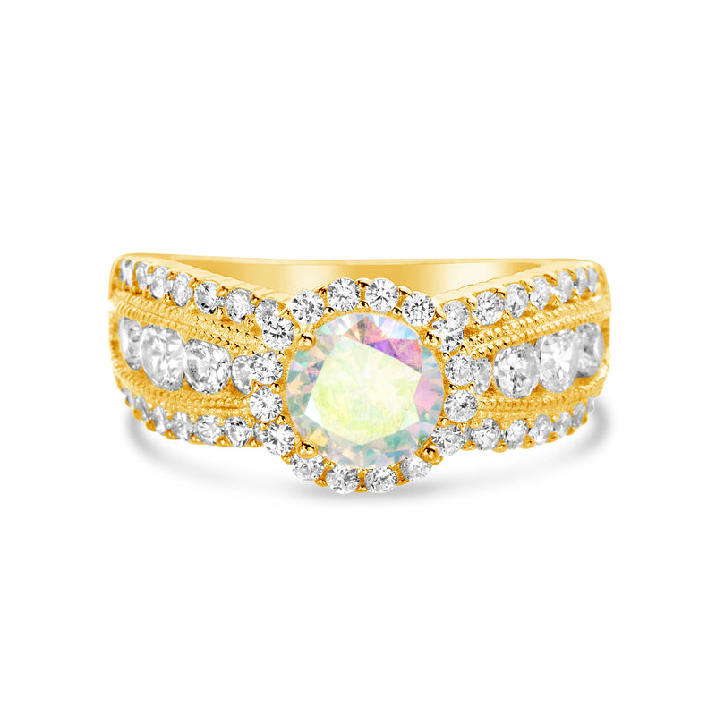 Gold Aurore Boreal CZ with Floral Design Border Ring