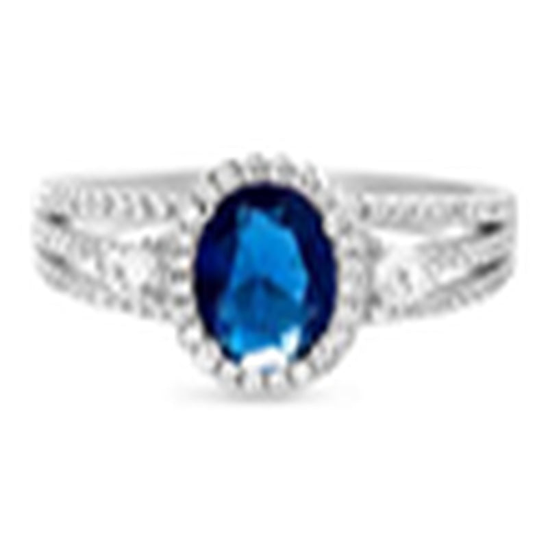 Sterling Silver Sapphire Blue CZ Oval with Halo Split Shank Ring