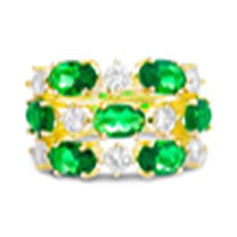 Silver Multicolored CZ Emerald Round and CZ White Diamond Shape 3 Row Band Ring