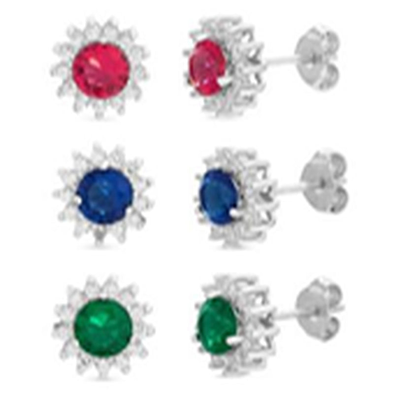 Sterling Silver Blue Sapphire-Emerald Green-Ruby Red CZ Flower Design Border Trio Stud Earring Set