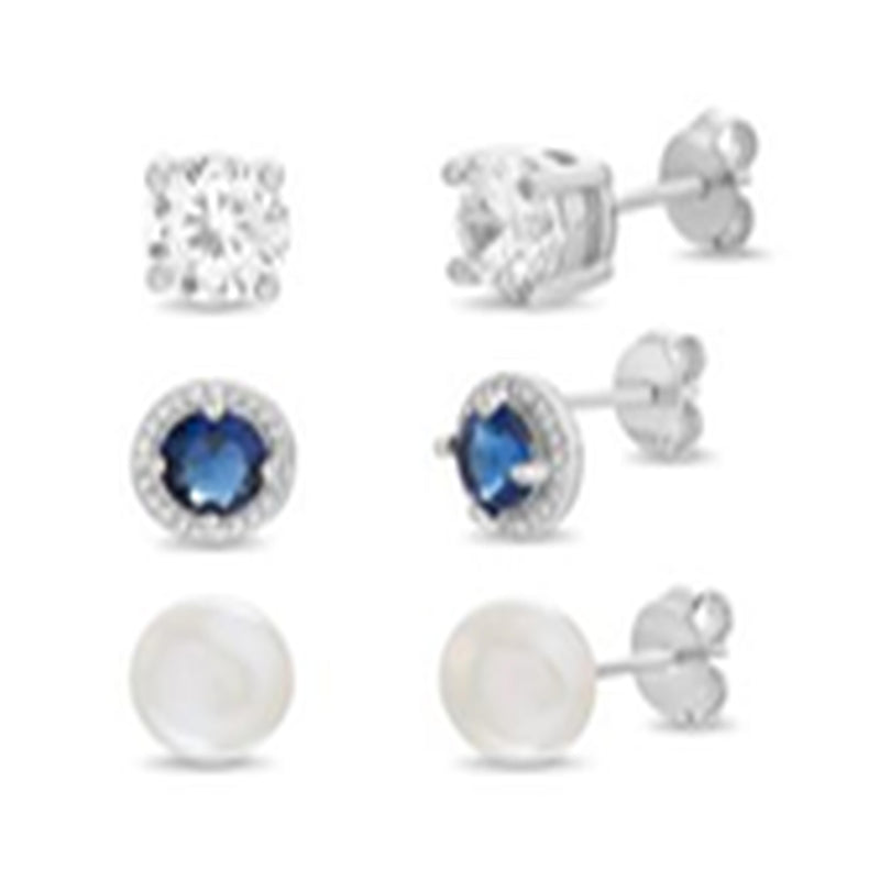 Sterling Silver CZ-Pearl-Halo Trio Post Earring Set