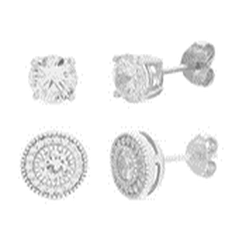 Silver Round CZ with Milgrain Border and Stud Duo Earring Set