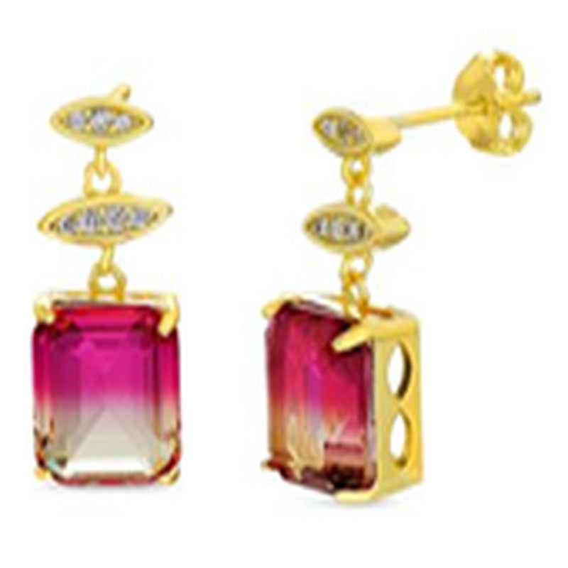 Gold Ombre Pink To Yellow Emerald Cut and Clear Pave CZ Marquise Dangle Post Earring