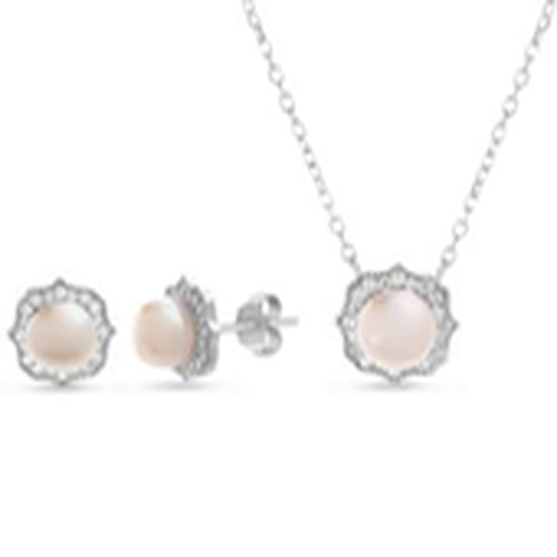 Silver Freshwater Pearl with CZ Milligrain Flower Border Earring and Station Necklace Set