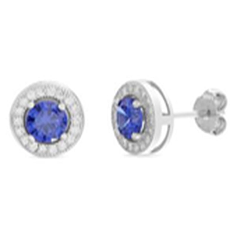 Sterling Silver Tanzanite CZ Round Halo Stud Earring