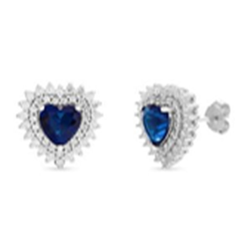 Sterling Silver Sapphire Blue CZ Heart Halo Stud Earring