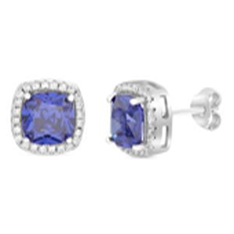 Sterling Silver Tanzanite Cushion Squared Halo CZ Stud Earring