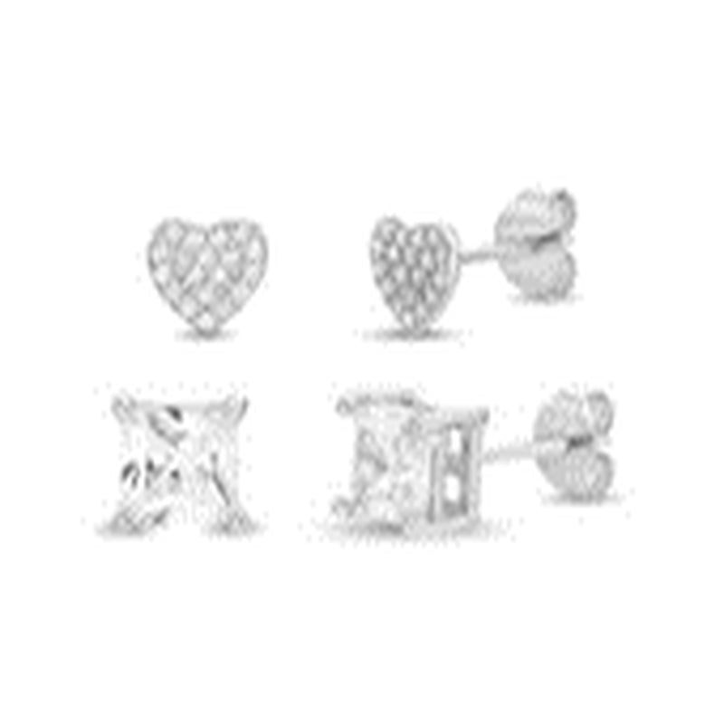 Sterling Silver 6Mm Round and 5Mm PrinceSterling Silver Cut Stud-Heart CZ Pave Trio Earring Set