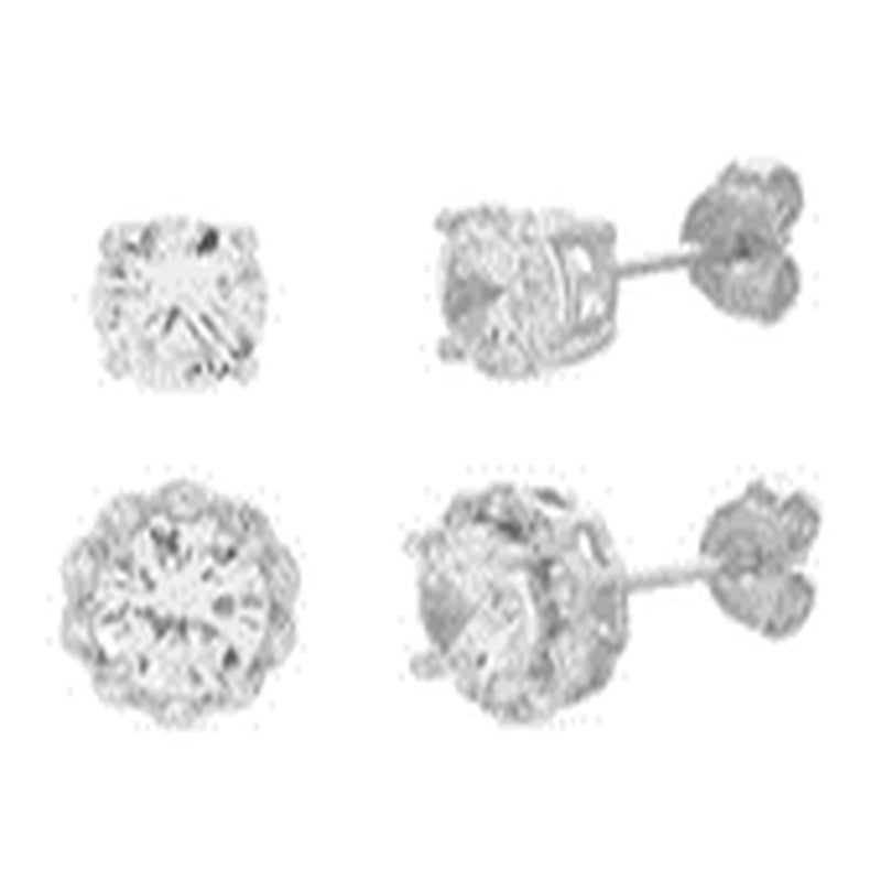 Silver CZ Milgrain Border and Round Stud Duo Earring Set