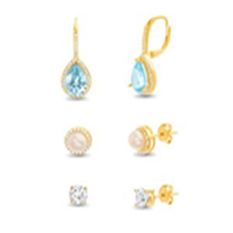 Gold CZ Stud- Teardrop Blue Topaz CZ Lever Back and Stud Trio Earring Set