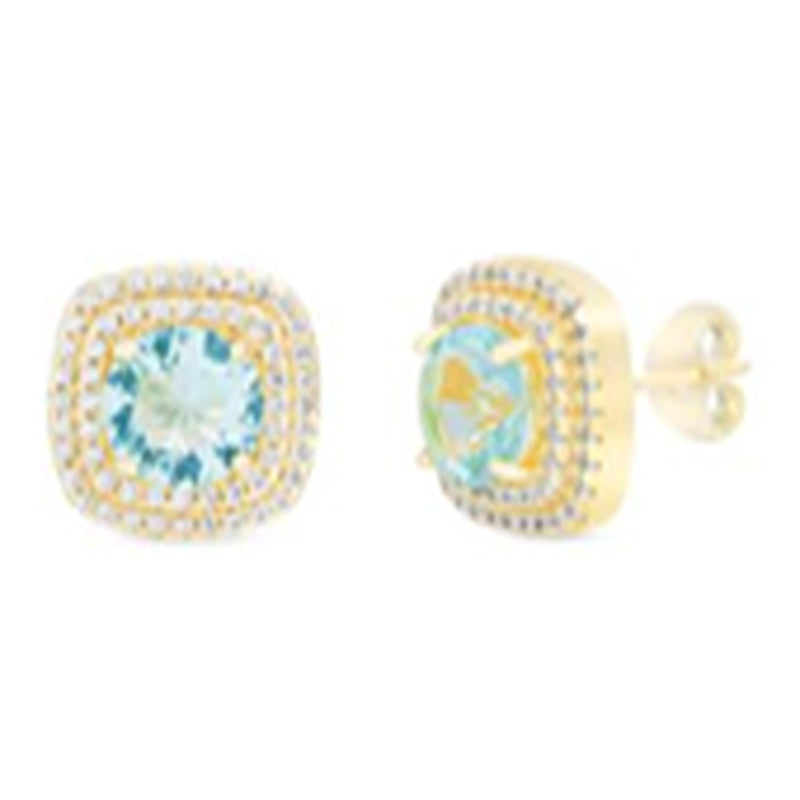 Gold Blue Topaz CZ Halo Stud Earring