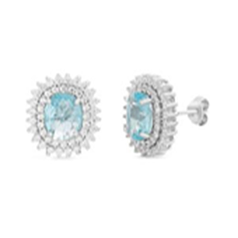 Sterling Silver Oval Blue Topaz CZ with Double Halo Post Earring