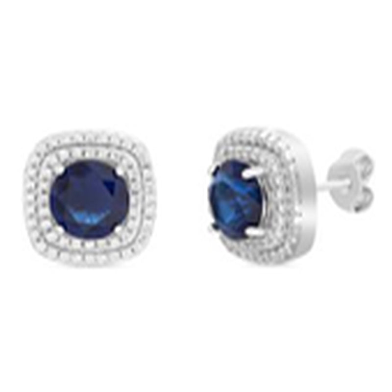 Sterling Silver Sapphire Blue CZ Halo Stud Earring