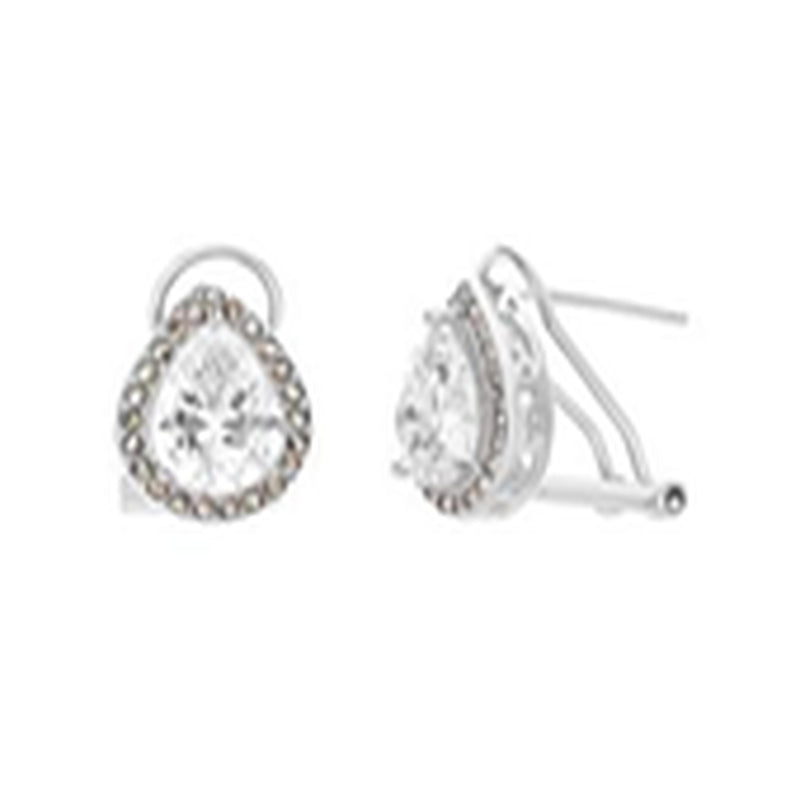 Sterling Silver CZ Teardrop With Marcasite Border Omega Earring