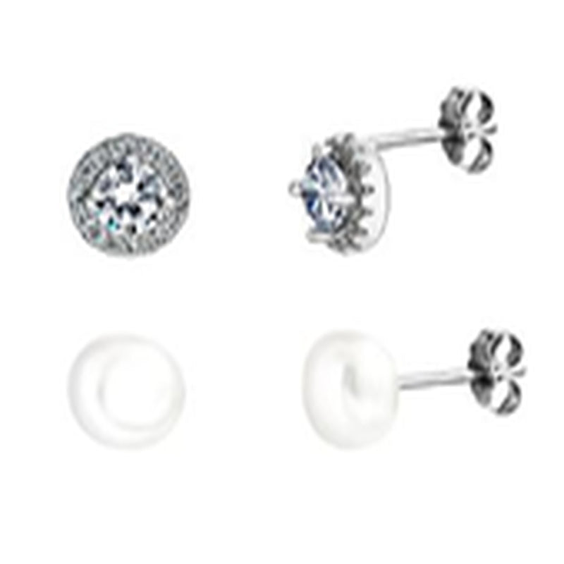 Silver Pearl and Halo Earring Set