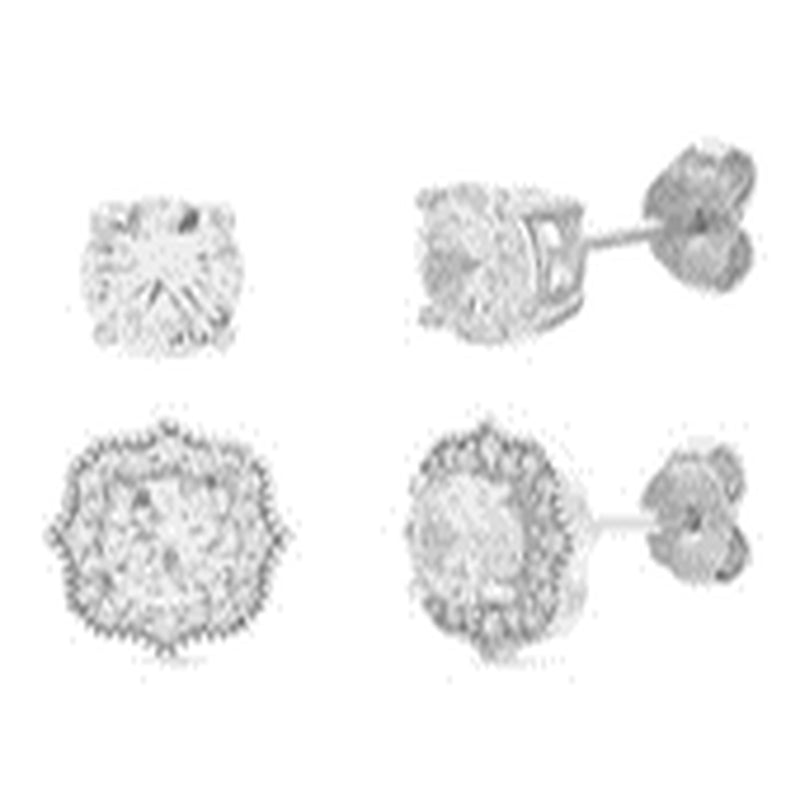 Silver CZ Milgrain Floral Design Border and Round Stud Duo Earring Set