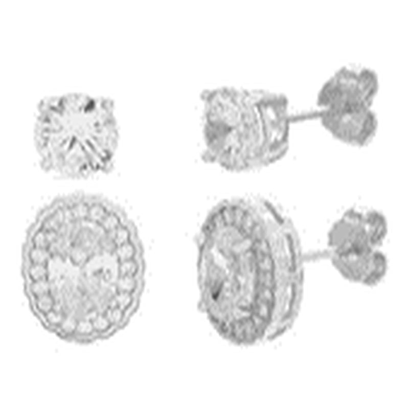 Silver Oval CZ Milgrain Ridged Design Border and Round Stud Duo Earring Set