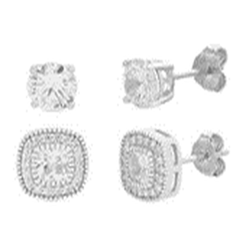 Silver Square CZ with Milgrain Border and Round Stud Duo Earring Set