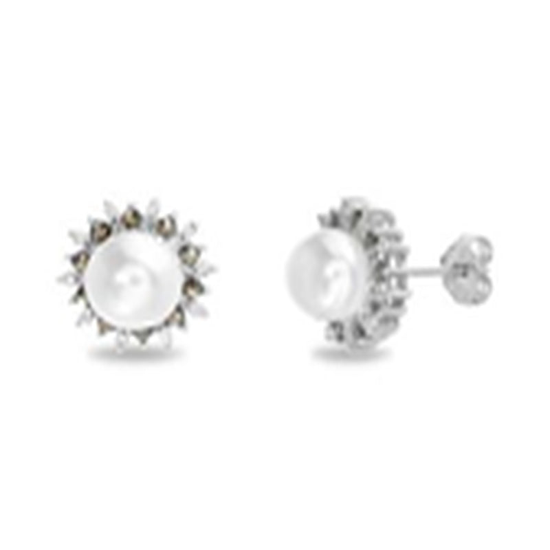 Sterling Silver Pearl-Marcasite Flower Design Border Post Earring