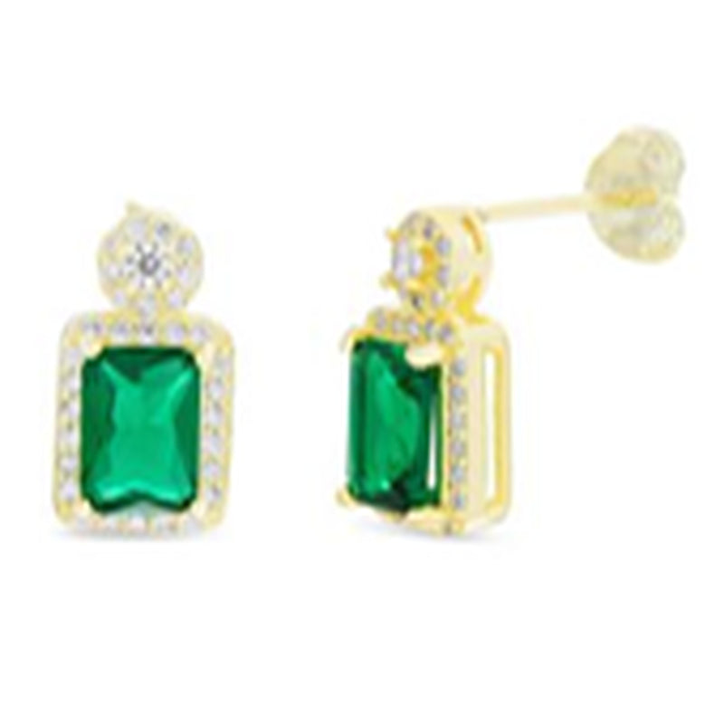 Gold Emerald Cut Emerald Green and Clear CZ Border Post Earring