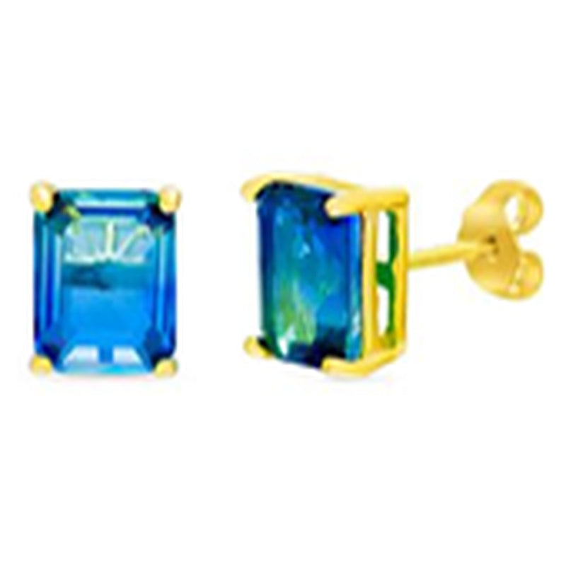 Gold Pronged Ombre Blue To Green Emerald Cut CZ Post Earring