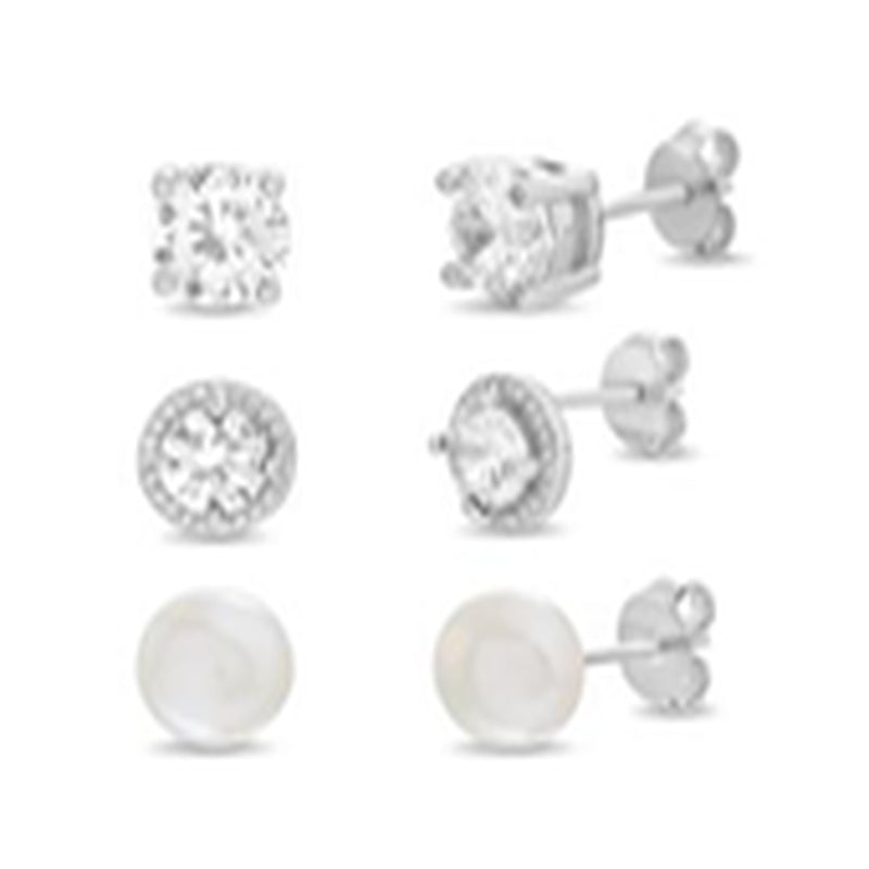 Sterling Silver CZ-Pearl-Halo Trio Post Earring Set