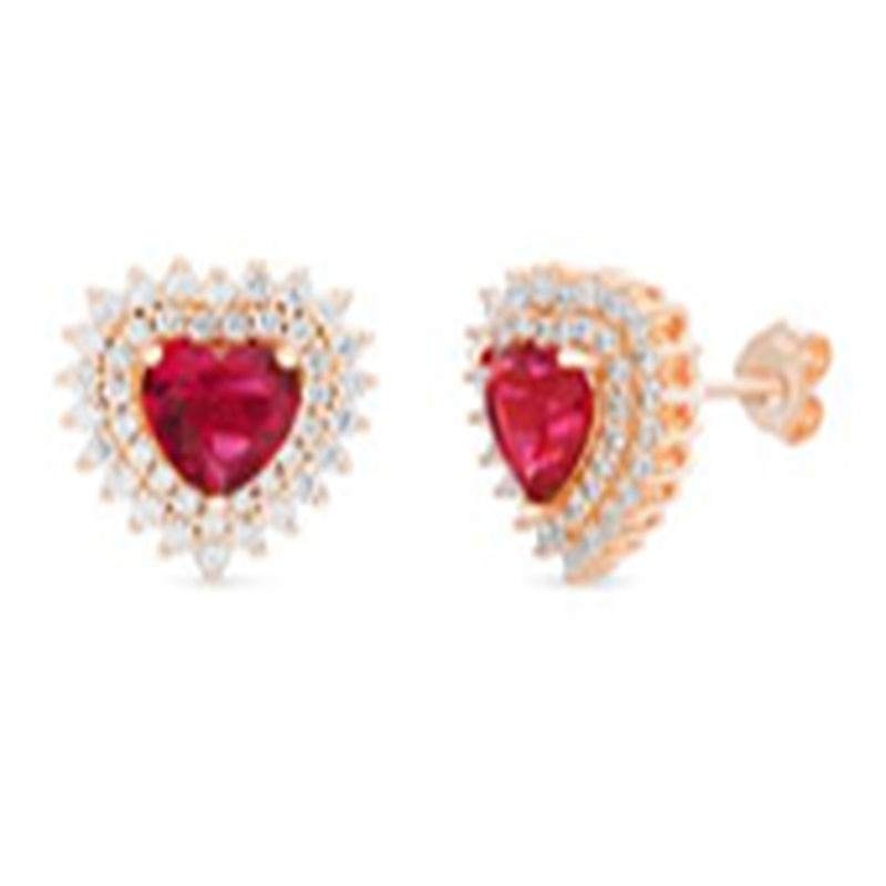 Rose Ruby Red CZ Heart Halo Stud Earring