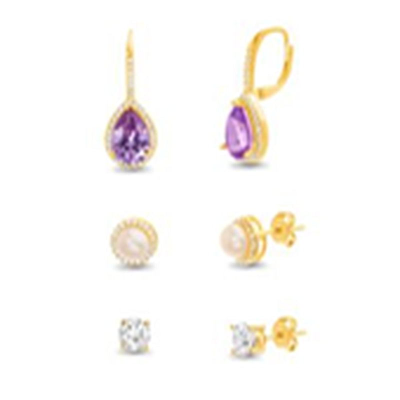 Gold CZ Stud- Teardrop Amethyst CZ Lever Back and Stud Trio Earring Set