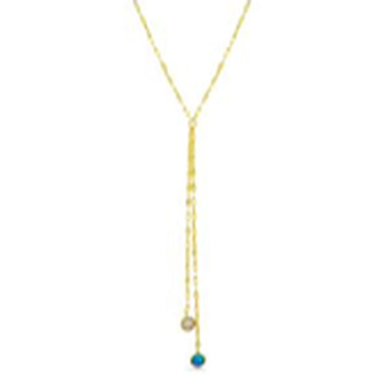 Gold Round White Opal and Polished KiSterling Silver Chain Drop Necklace