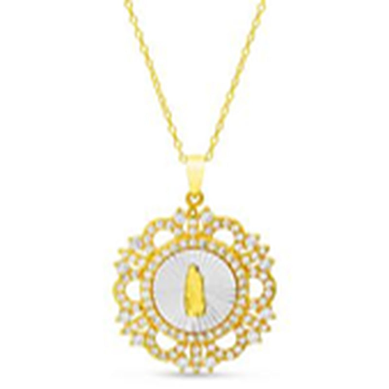 2-Tone Virgin Mary Round Floral Design Pendant with Diamond Cut Border On D-C Chain Necklace