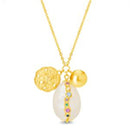 Gold CZ Bezel Oval Pearl Flower Disc Charm and Ball Dangle Necklace