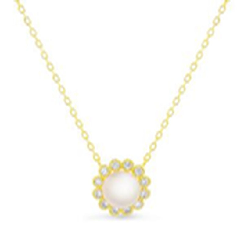 Gold Pearl CZ Milligrain Border Station Necklace