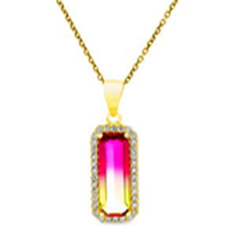 Gold Ombre Pink To Green CZ Bar Necklace
