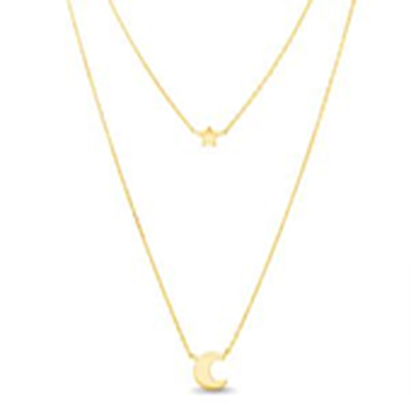 Gold Crescent and Star Station Double Layered Necklace