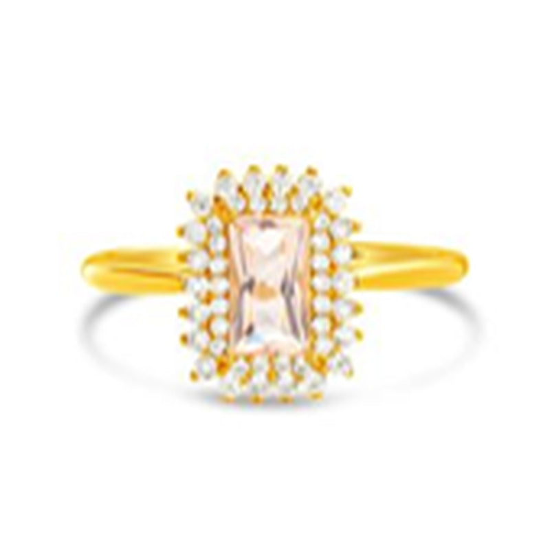 Gold Emerald Cut Morganite with Clear CZ Border Ring