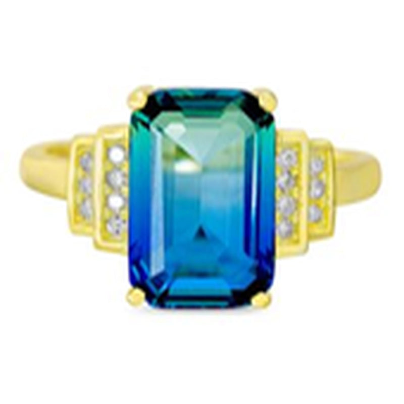 Gold Ombre Blue To Green Bar CZ with Clear CZ Bar Border Ring