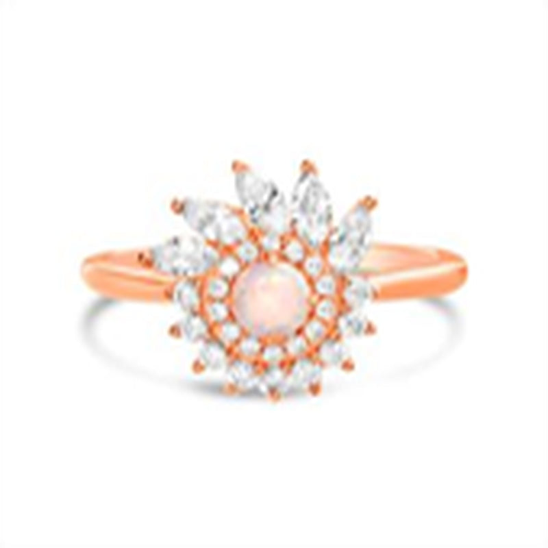 Rose White Opal Marquise CZ Swirl Design Border Ring