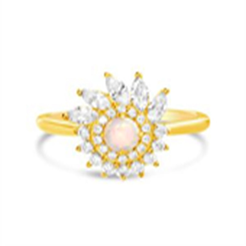 Gold White Opal Marquise CZ Swirl Design Border Ring