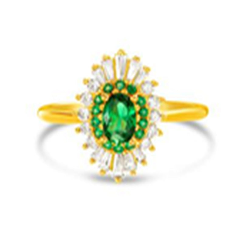 Gold Round Green and Clear CZ Border Flower Design Ring